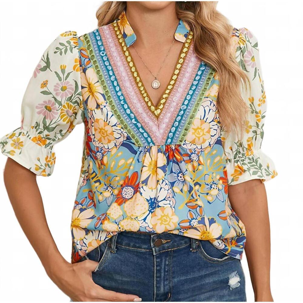 NEW SHEWIN daphne retro 70's floral top in multi blue